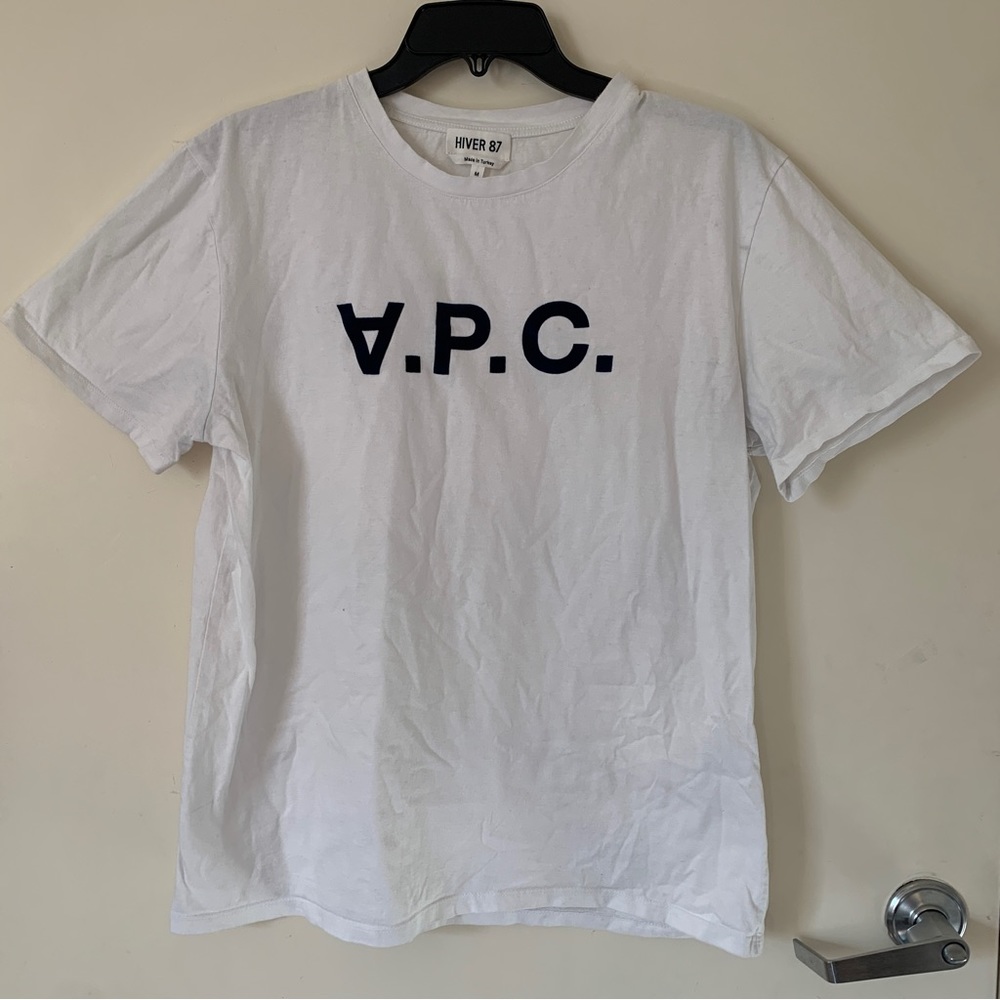 A.P.C. Men’s White T shirt with Navy Velvet Lettering Sz M